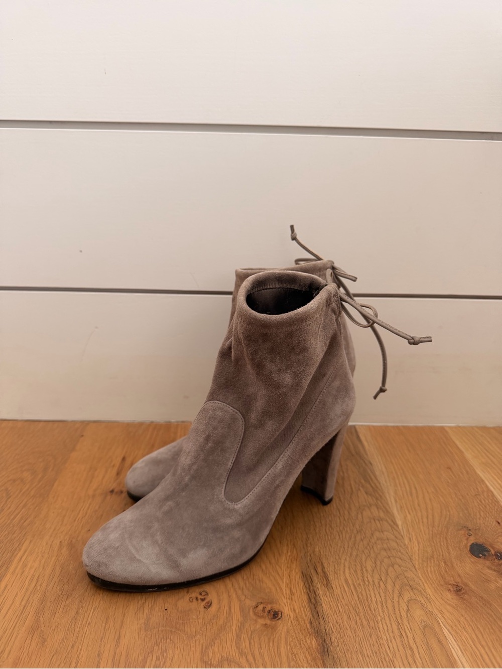 Stuart Weitzman Taupe Suede Tie-Back Ankle Boots